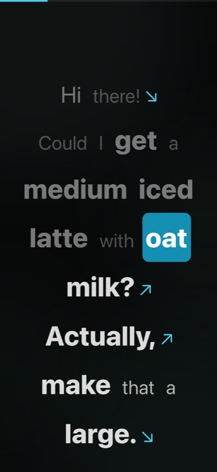 The melody teleprompter, stressed words in turquoise